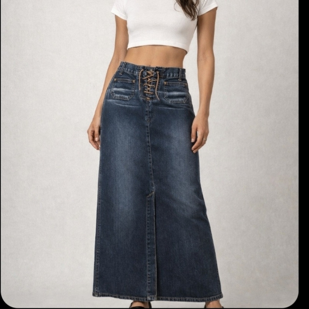 Vintage LEI Midi Length Denim Skirt Leather Lace-up Front Slit Sz Small 90s Y2k